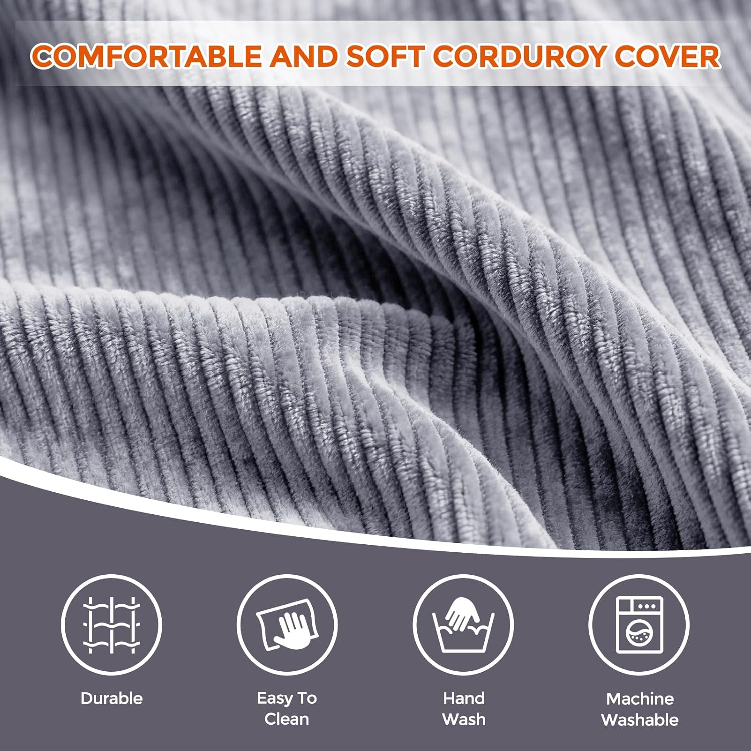 26" x 26" x 18" Pouf Ottoman Foot Rest, Pre-Stuffed Round Foot Stool with Odorless Shredded Memory Foam, Furry & Fluffy Corduroy Footrest for Living Room, Dark Grey