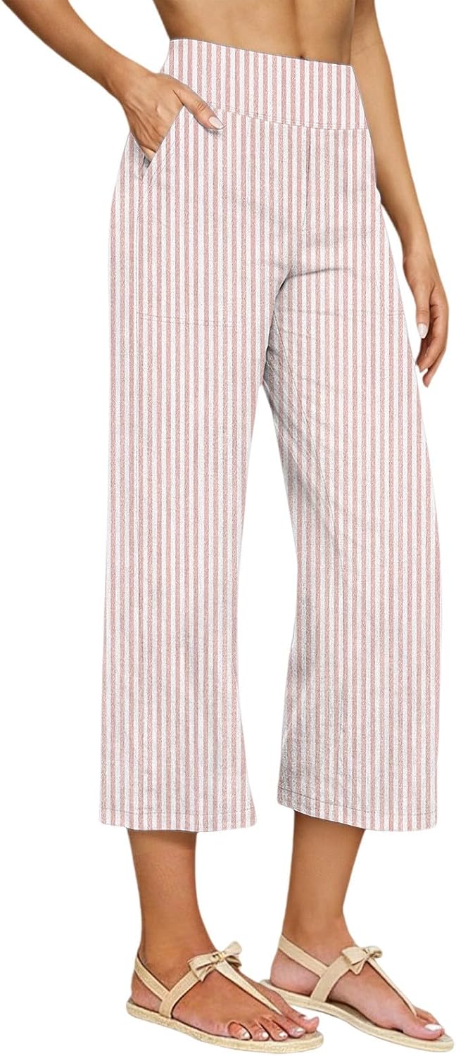 Women's Capri Pants Linen Summer Beach Casual Wide Leg Lounge Palazzo Pant High Waist Striped Trouser with Pockets