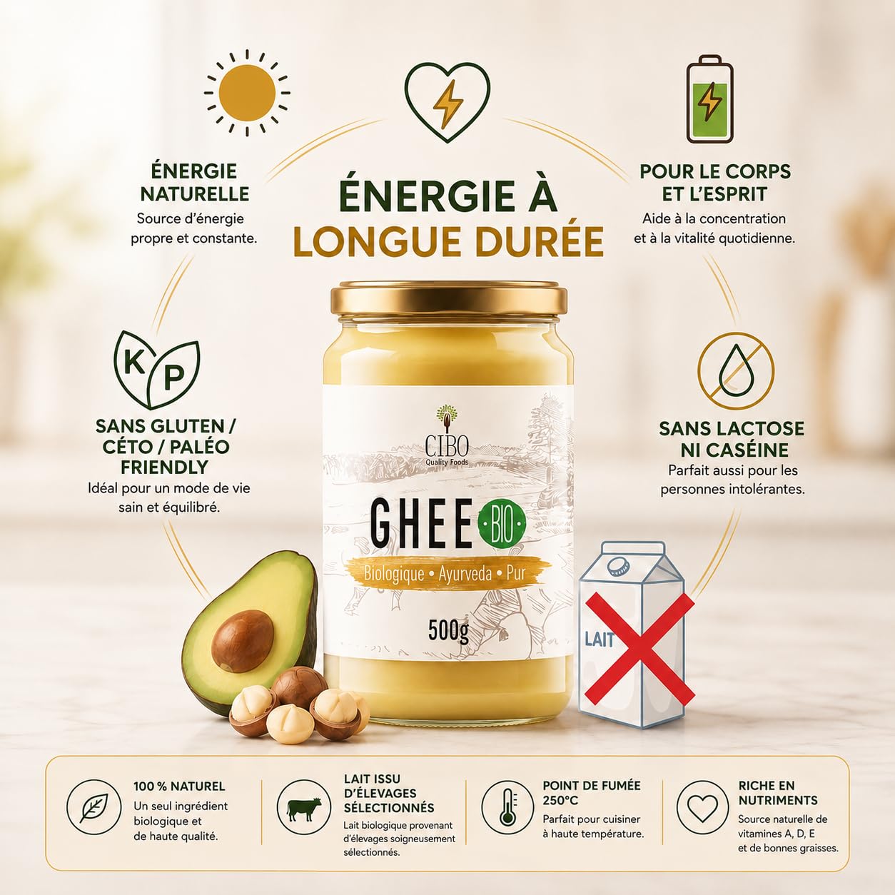 Cibo Ghee Bio 500g - Lait de Parme et Reggio Emilia - Fabriqué en Italie - Vaches de Pâturage - Point de Fumée 250°C - Issu de Crème Centrifugée
