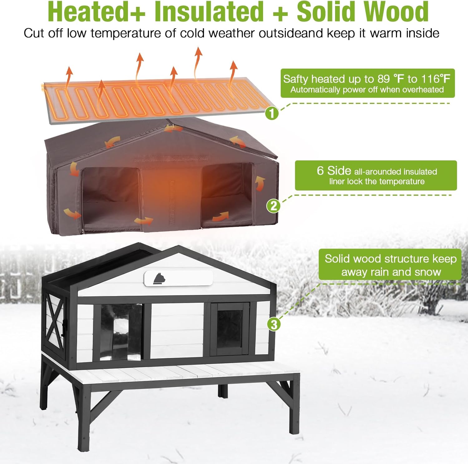GUTINNEEN Heated Outdoor Cat House for Outside Weatherproof Insulated Feral Cat Shelter for Winter with Heater and Thermal Liner, Four Escape Doors and Anti-Chewing Cable for Multiple Cats, 43.5" L