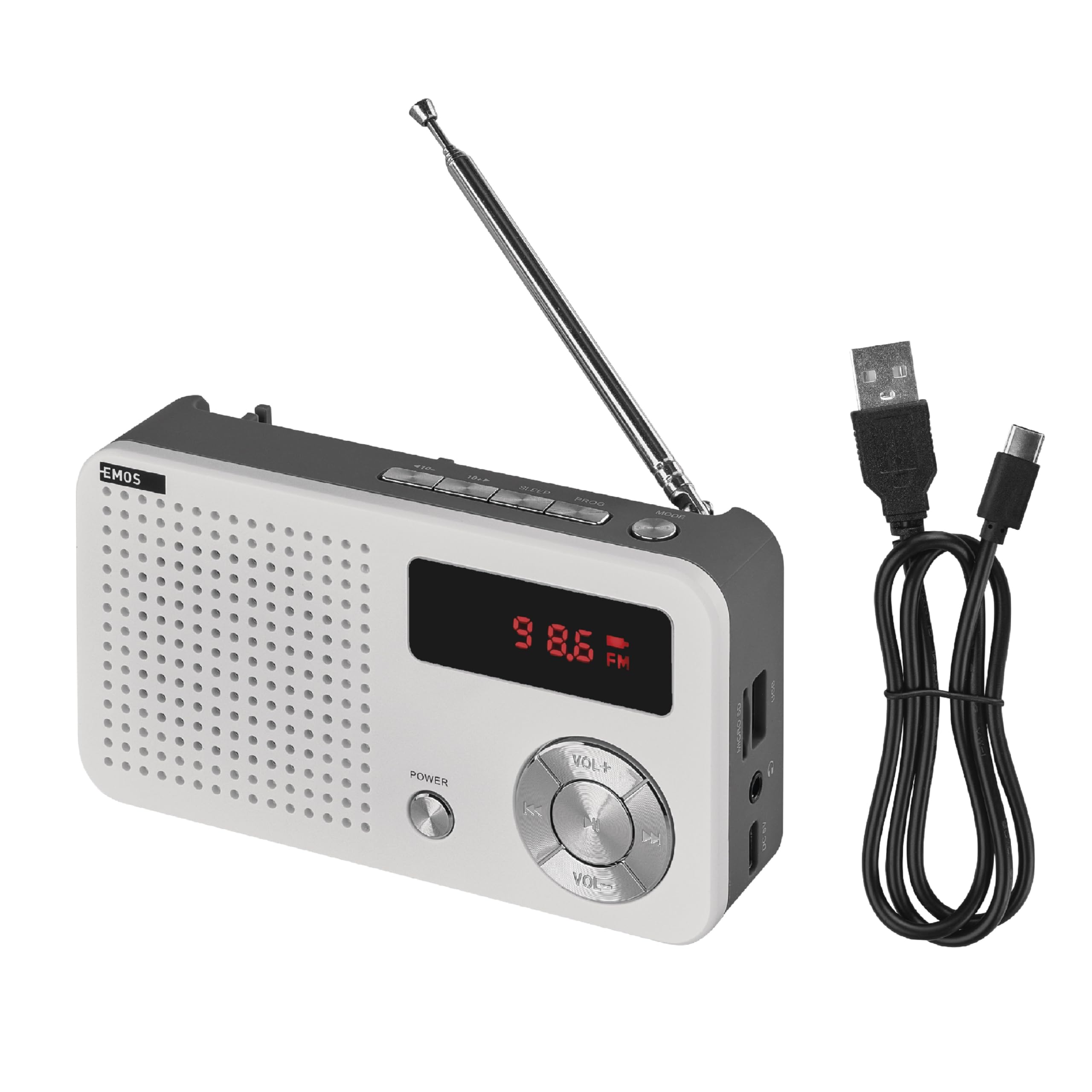 EMOS - tragbares digitales FM-Radio und MP3-Player mit Akku + USB-C Kabel - teleskopische Antenne, FM 88–108 MHz - USB-Port, Micro-SD-Karten-Slot, Kopfhörer-Anschluss - weiß/grau, Batteriebetrieben