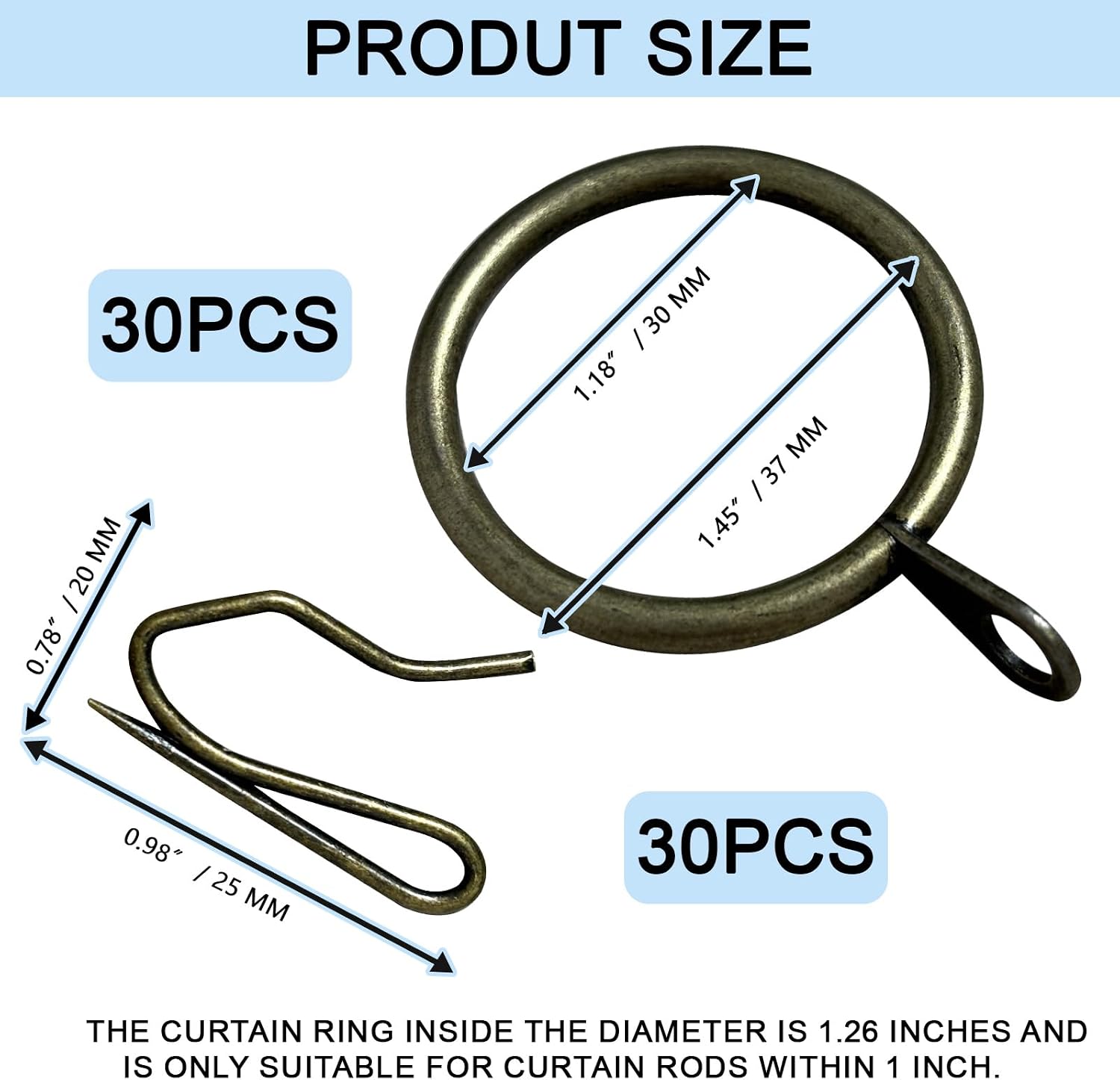 30 Pack Metal Curtain Rings for Drapes and 30 Pack Metal Curtain Hooks Curtain Rings with Hooks Ring Hooks for Curtains Drapery Rings with Hooks for Window Door Shower (Bronze, 1.18inch)