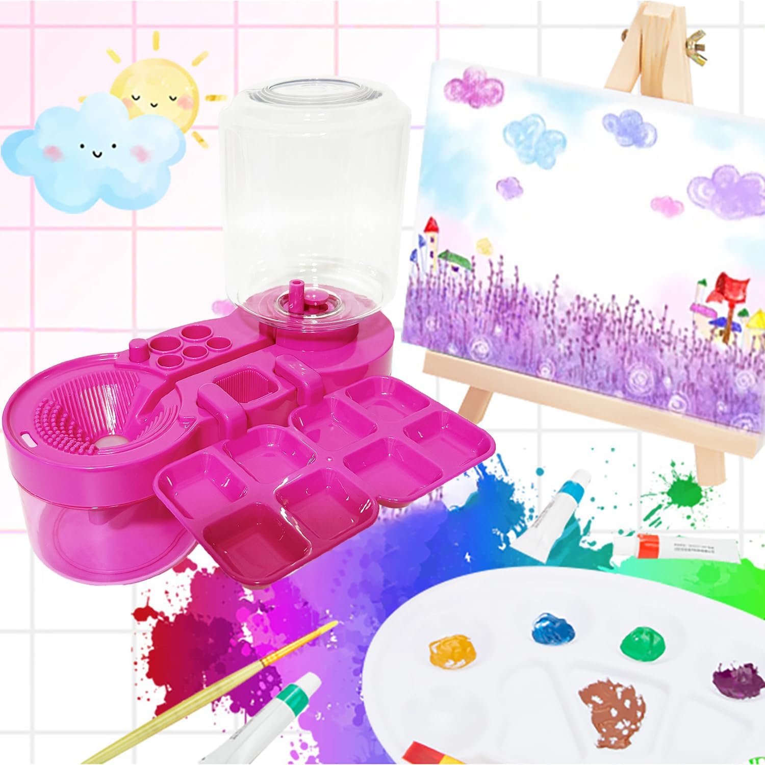 New Paint Brush Cleaner with Paint Tray, Water Circulation Brush Rinser with Brush Holder, Watercolor/Oil and Water-Based Paint Brush Cleaner Tool, Gift for Artist Beginners
