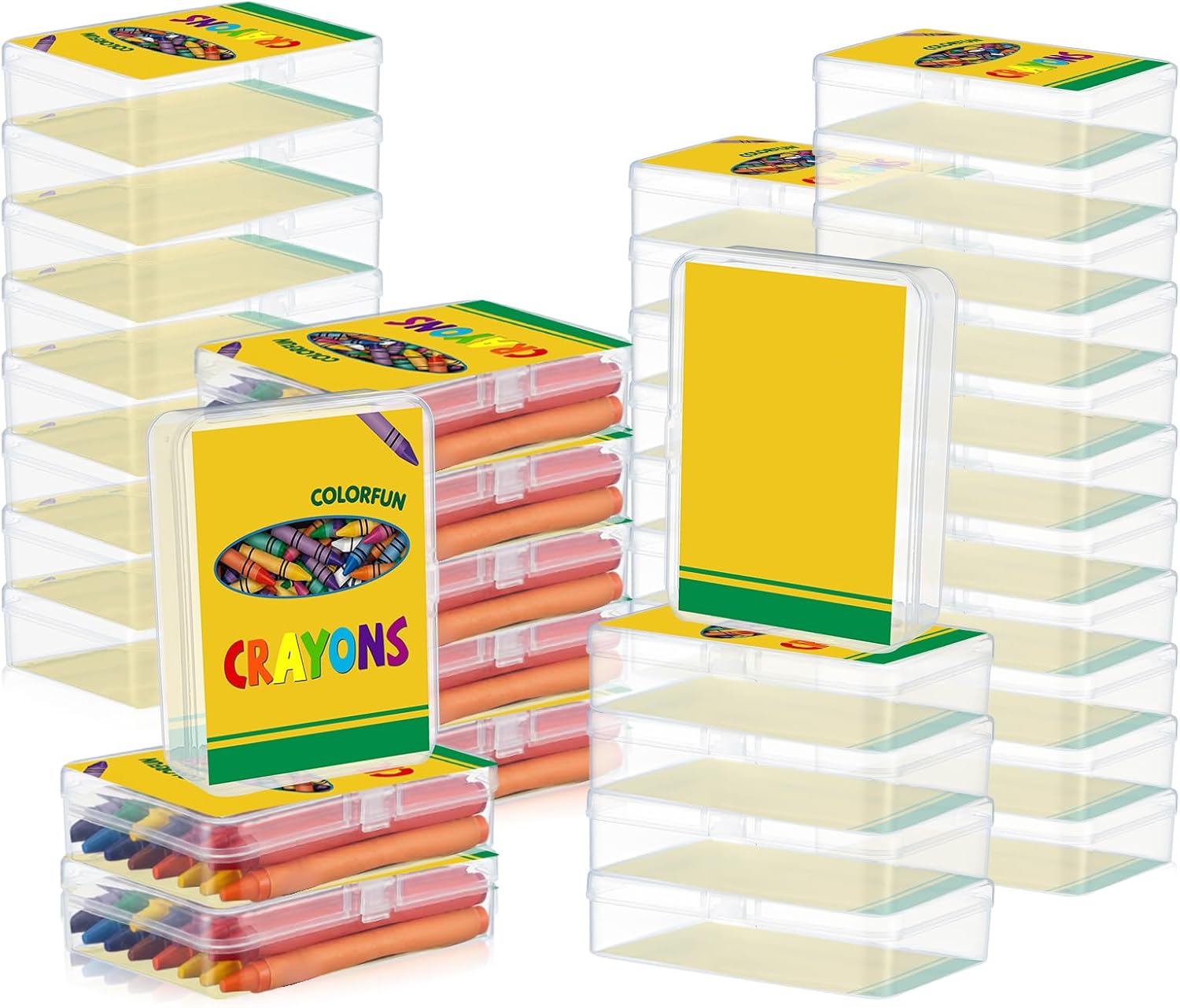 Yungyan 30 Pcs Crayon Organizer for Classroom Bulk Clear Plastic Crayon Case with Name Tags Classroom Storage Container Box Holder Essentials for Student Back to School Party Favors Crafts Supplies