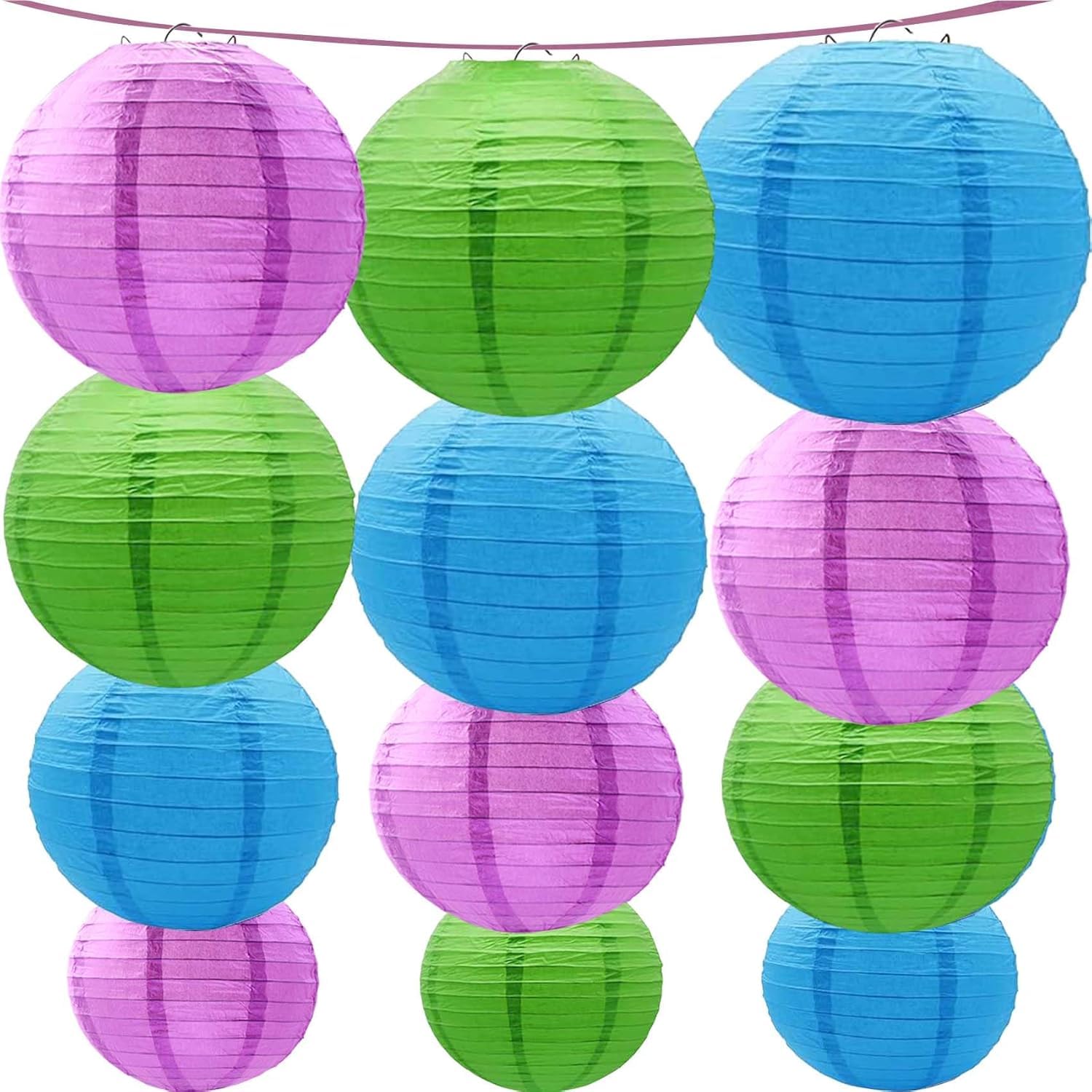 Purple -Green and Blue Paper Lanterns 12Pcs Hanging Lanterns for Birthday Party, Wedding, Home Decor, Baby Shower Festive Decoration