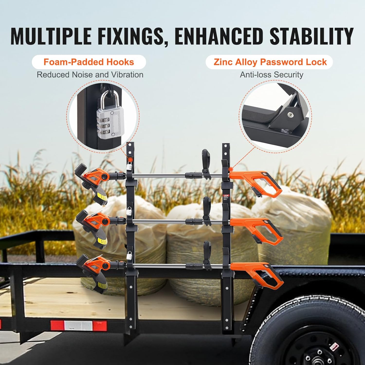 VEVOR Trimmer Rack, 3 Place Weeder Trimmer Rack, Trim Holder Trailer Rack with Zinc Alloy Password Lock, Wall-Mounted or Mount on Trailer, Pair