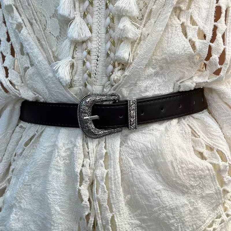Women's Vintage Western Tooled Design | Adjustable Black Waist Belt for Jeans, Pants, Dresses with Solid Pin Buckle3