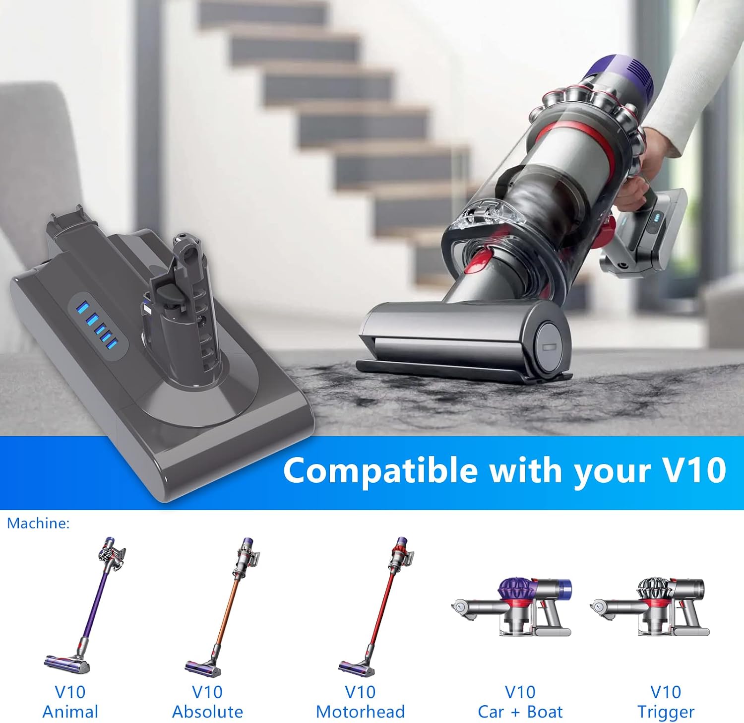 Upgraded 6000mAh Replacement for Dyson V10 Battery, Compatible with Dyson Cyclone V10 Battery, Animal, Absolute, Fluffy, SV12 (NOT V12), 25.2V Lithium ion Stick Vacuum Cleaners - with Filter and Brush