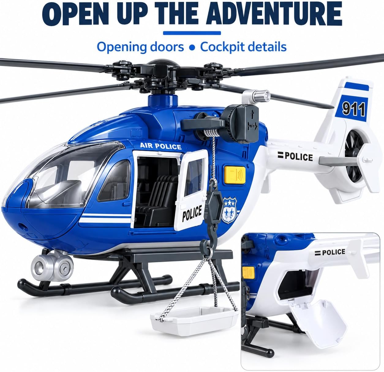 13-Inch Police Helicopter Toy with Lights and Siren, Ages 3 4 5 6 7