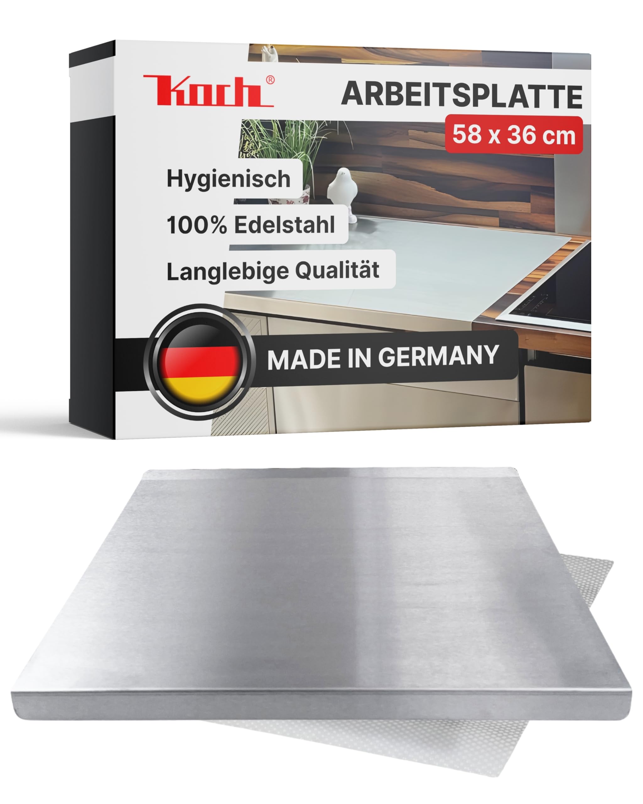 Koch Arbeitsplatte Edelstahl I 58 x 36 cm cm I Arbeitsfläche, Schneidebrett & Knetbrett mit 2 Anschlagkanten I Hygienisches & rostfreies Küchenbrett I Extra robust, langlebig & antibakteriell #69