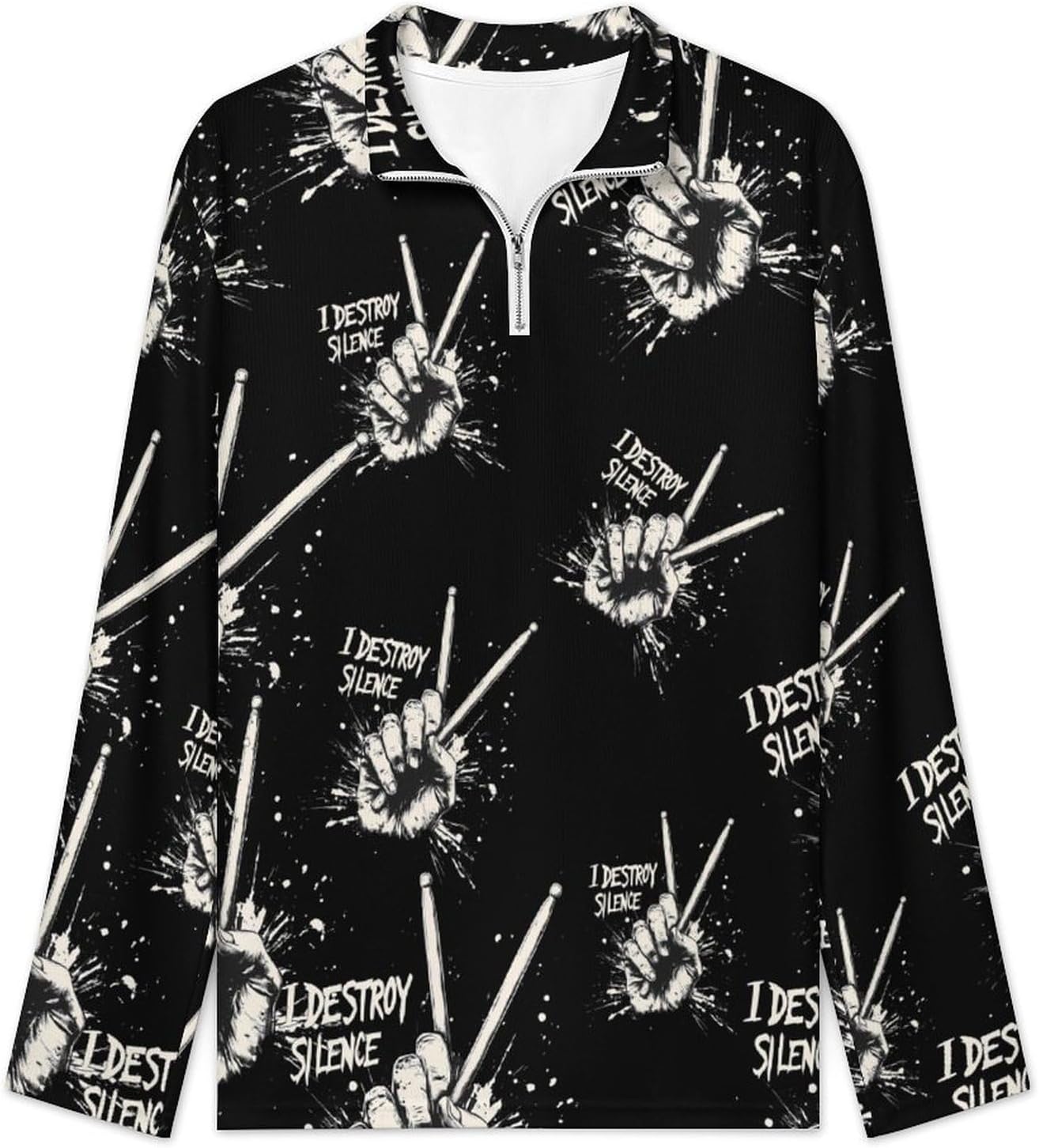 Drummer Drumsticks Drum Drumming Lovers Casual Polo Shirts for Men Zipped Golf Long Sleeve Sports Outdoor Top