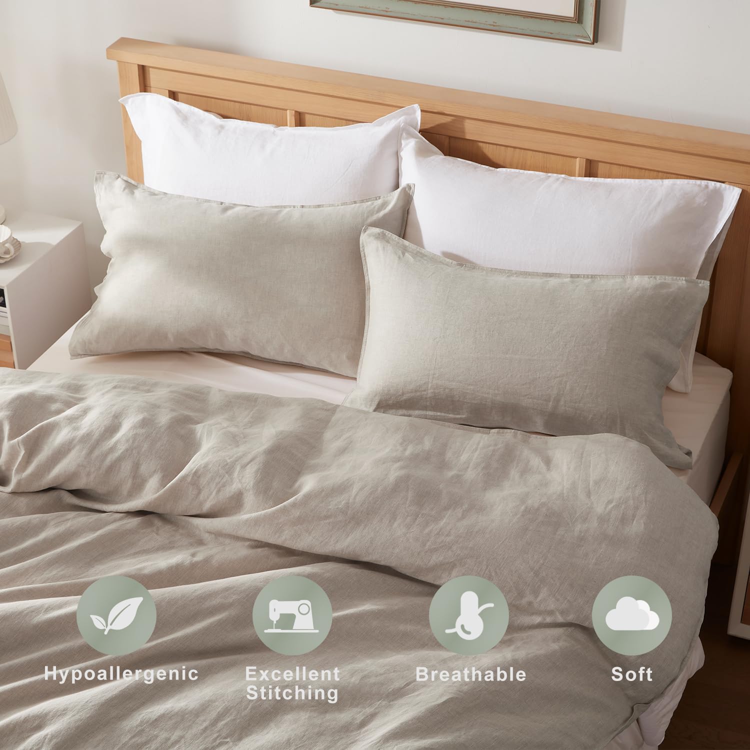 TOSMO 100% Linen Pillowcase Queen Size, Set of 2, Stone Washed Pillowcases Envelope Closure, Soft and Durable Pillow Cases, 20" X 30", Natural Linen