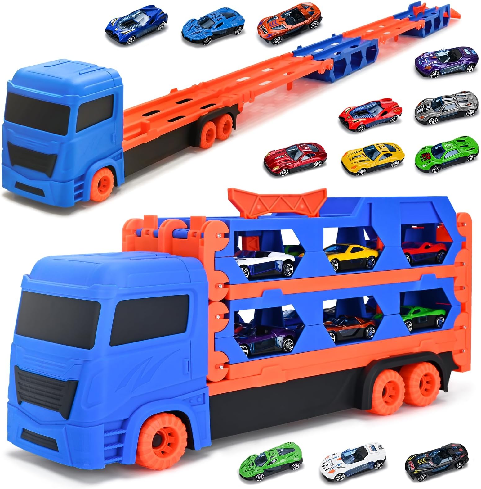 Xoolkly Transport Truck Toy Cars for Boys, Portable Race Track Truck Toy Car with 12 Race Cars, Folding Storage 2 Ejection Race Track, Carrier Truck Toys Set for Boys Girls Aged 3 4 5 6, Blue