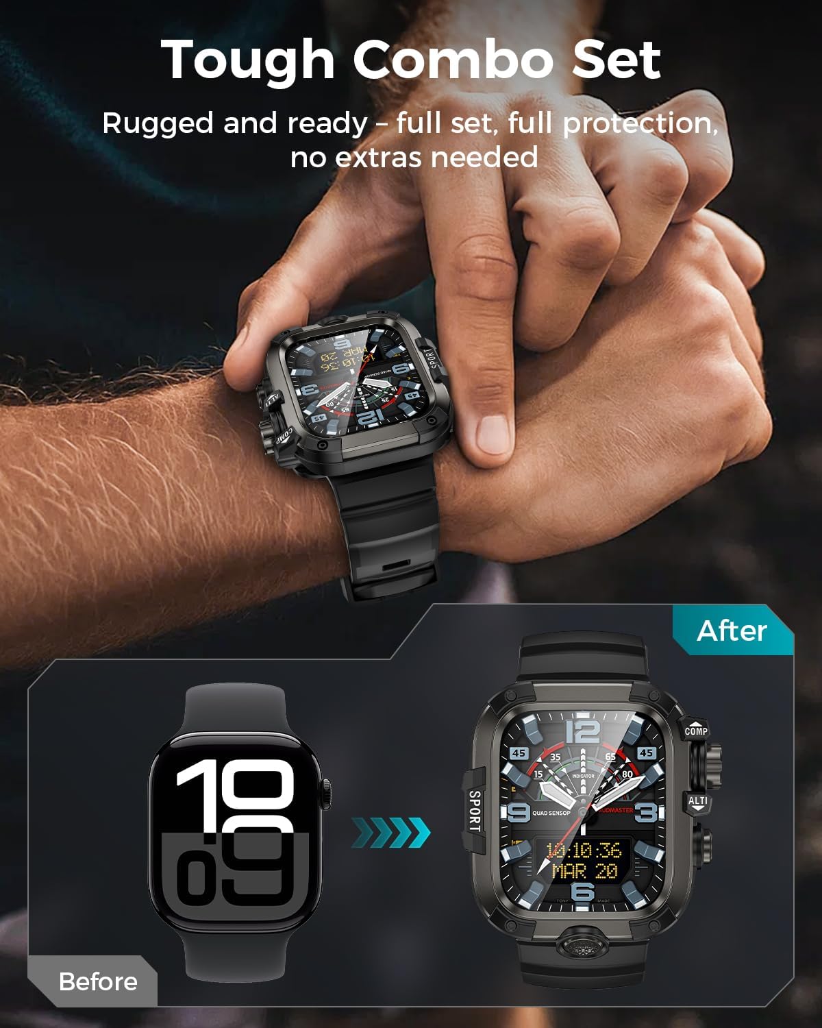 Goton Rugged Case and Band Kit with Screen Protector for Apple Watch 46mm, Compatible with Apple Watch Series 11/10, Full Body Shockproof Metal+PC Bumper Cover with Silicone Band, Black - Image 3