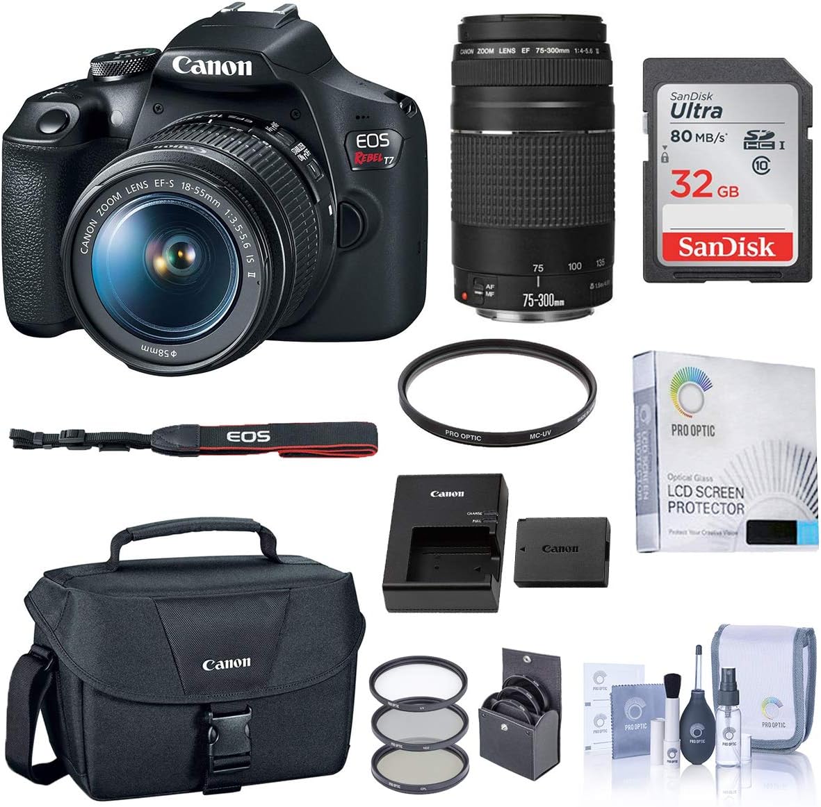 Canon EOS Rebel T7 DSLR Camera with EF-S 18-55mm and EF 75-300mm Lens Essential Bundle with Bag, Battery, Filter Kit, 32GB SD Card, Screen Protector, Cleaning Kit