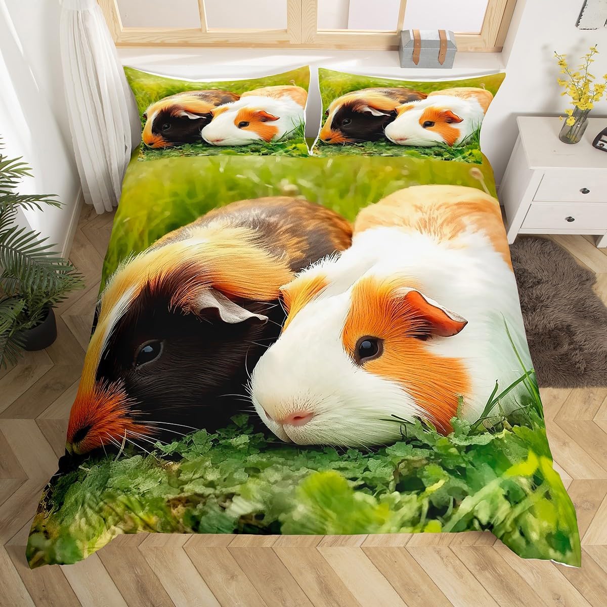 Feelyou Guinea Pig Duvet Cover 3D Cute Cavy Pattern Bedding Set for Kids Boys Girls Teens Room Pet Animal Decor Comforter Cover Set Guinea Pig Friends Bedspread Cover 3Pcs Zipper Full Size