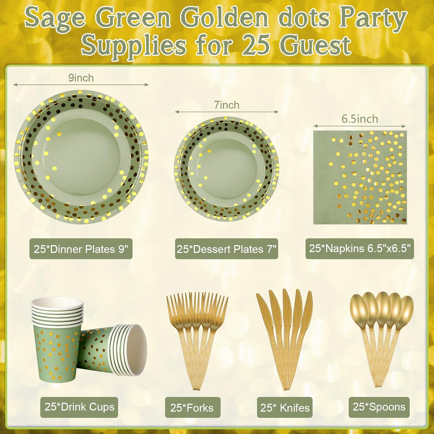 175pcs Sage Green Paper Plates and Napkins Set, Disposable Sage Green and Gold Polka Dot Party Plates Cups For Baby Shower Birthday Wedding Party Supplies and Decorations, Serve 25
