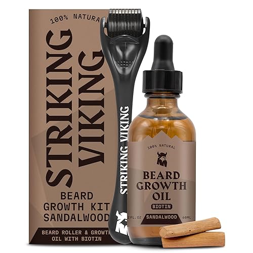 Vista 31 de Striking Viking Aceite para barba con biotina para hombres, 2 onzas líquidas, 1 paquete, sándalo, aceite espesante y acondicionador para el Sándalo