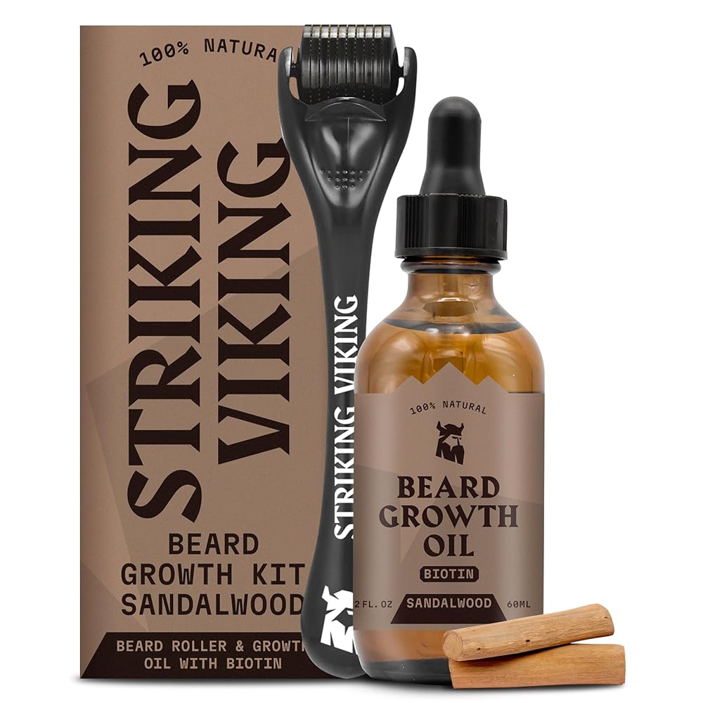 Striking Viking Beard Growth Oil with Applicator for Men - Vanilla Scent - 2 Fl Oz Beard Oil Kit for Thicker & Conditioned Beard & 1 Applicator - Facial Hair Serum with Argan & Jojoba Oil