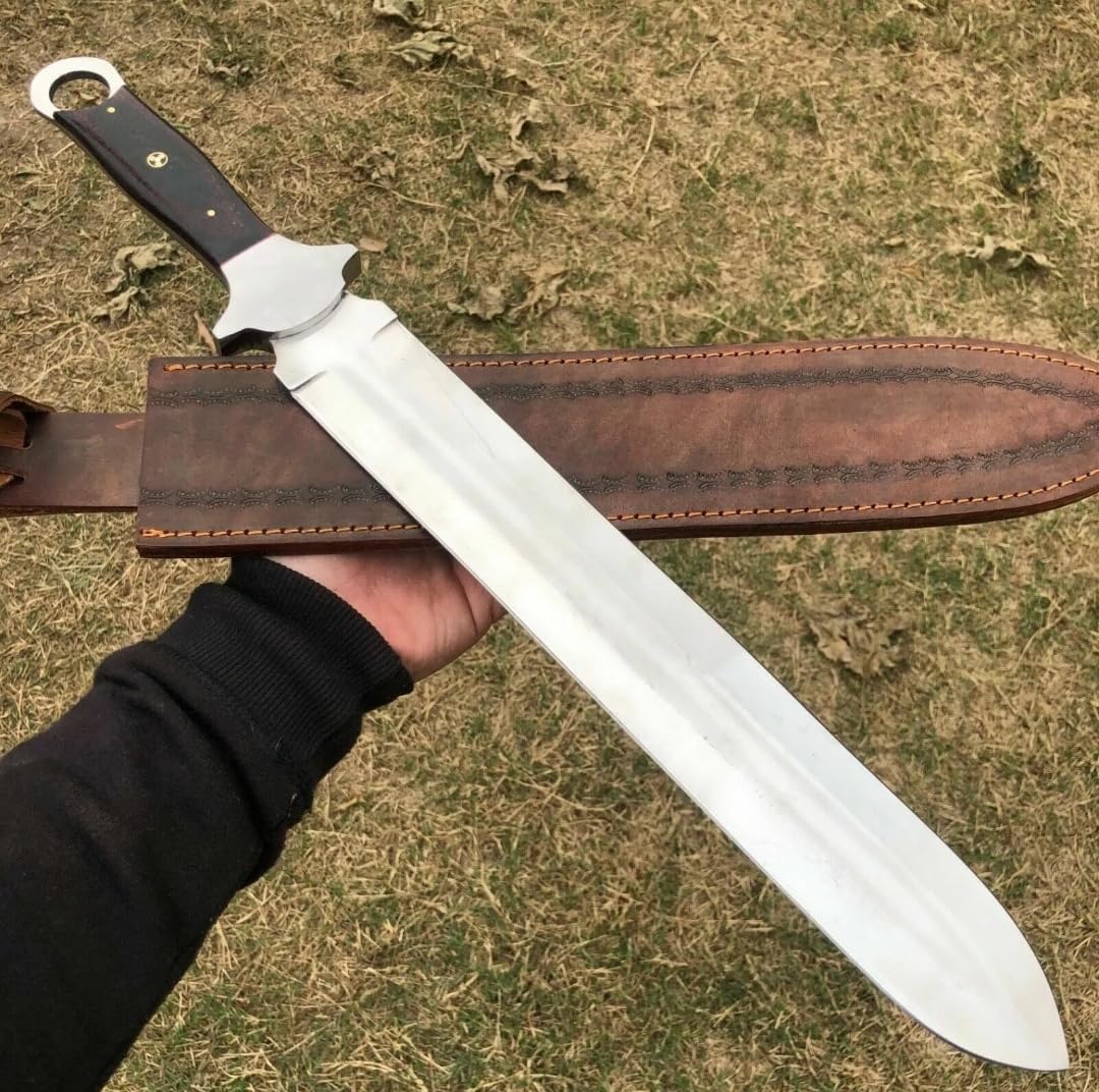 Empire - Handmade J2 Steel Double Edge Viking Sword with Leather Sheath - Bull Horn Grip - Hunting Sword - Combat Sword - Survival Sword