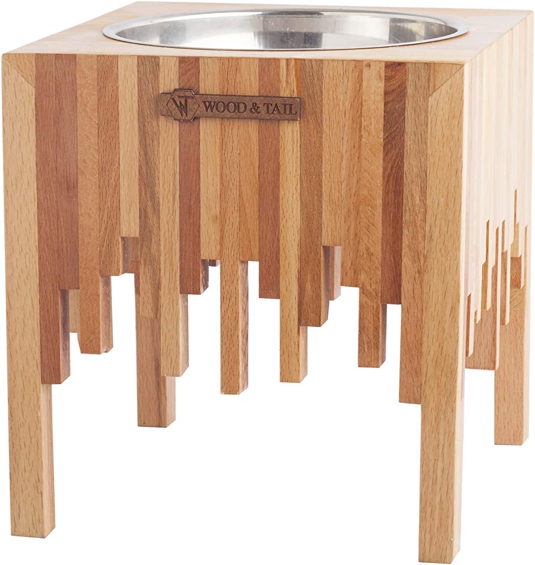 WOOD & TAIL Dog Food Bowls, Elevated Dog and Cat Stand, Premium Raised Food and Water Stand with Stainless Steel Bowl
