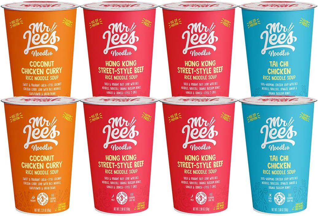 Mr Lee's Instant Cup Noodles, Gluten Free Rice Ramen Noodles, Meat Lovers Box of 3 Flavors (4 Hong-Kong Street Style Beef, 2 Coconut Chicken Curry & Tai Chi Chicken). Bulk box of 8.…