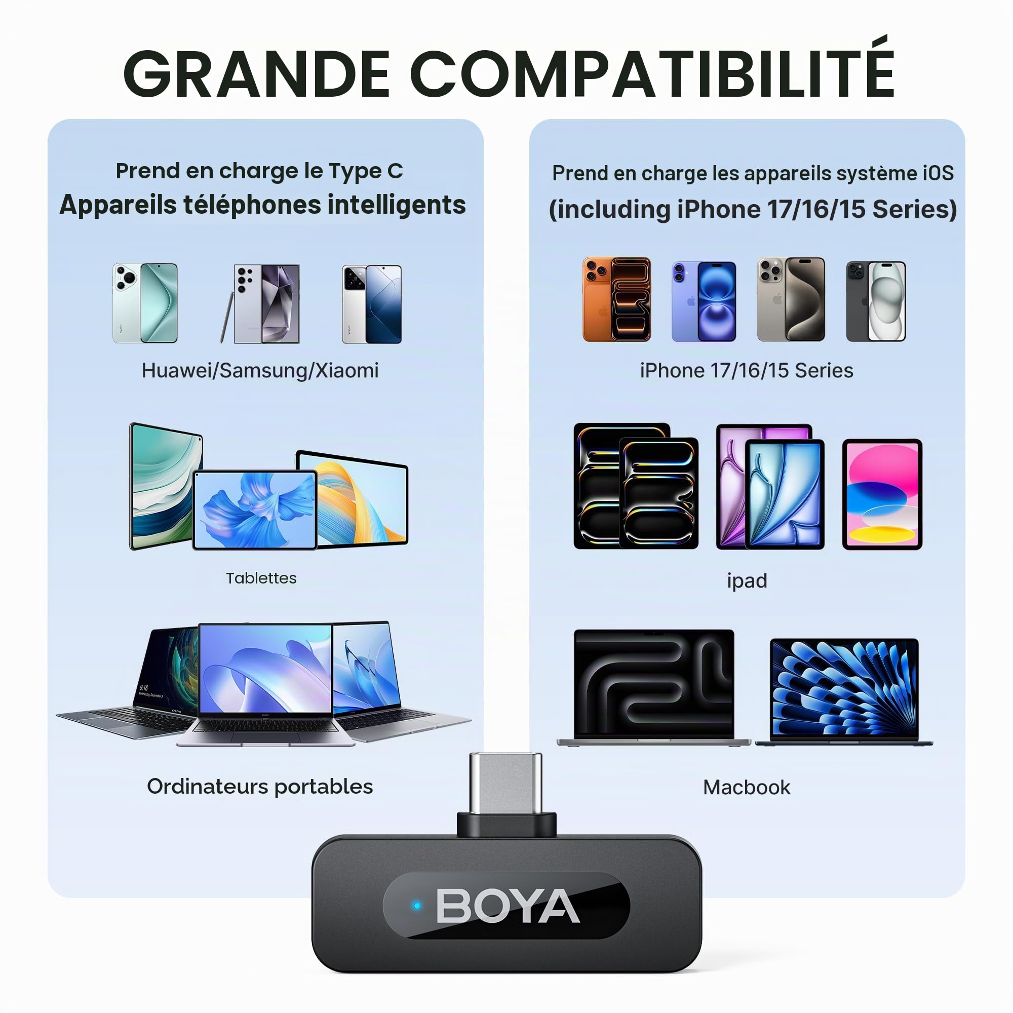 BOYA BY-V20 Microphone sans Fil pour iPhone 15/16, Android, Mini Micro, 48 kHz/16 Bits, 9h D'utilisation, Suppression du Bruit, Micro Cravate USB-C, Mode Muet, Micro Cravate sans Fil à Clip 360°