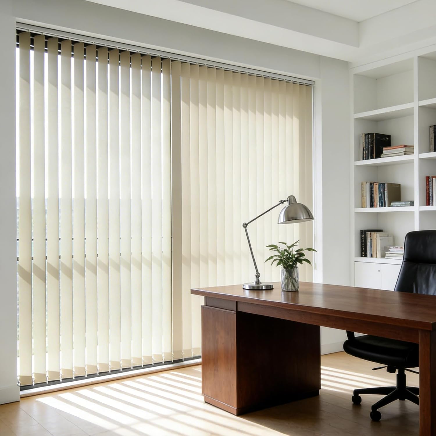 No Drill No Tools Cordless Vertical Window Blinds Shades for Home, Good for Big Windows, Sliding Glass Doors, Room Divider, Filter The Light into Room by Turn The Slat, Light Cream