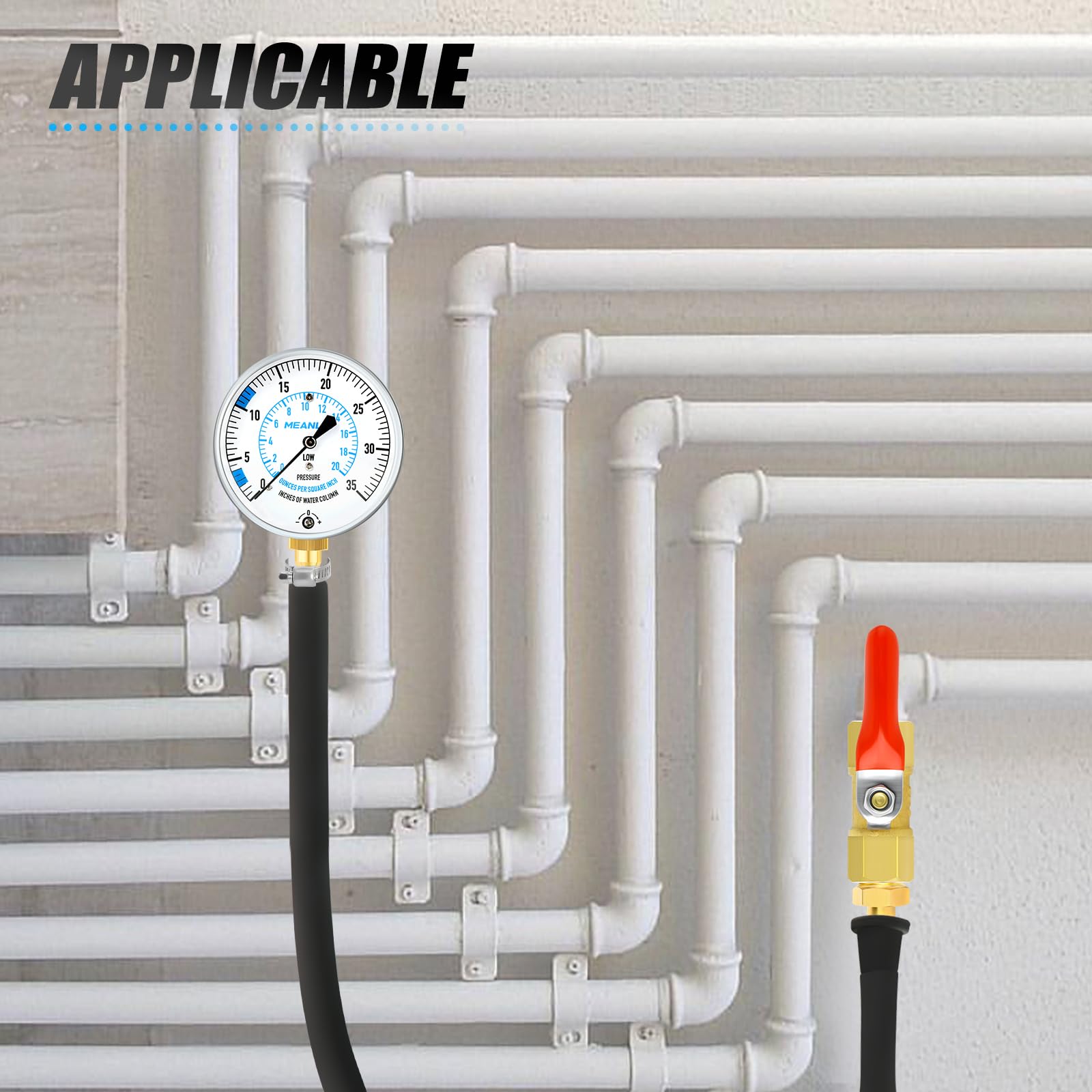 MEANLIN MEASURE Kit per test di pressione del gas collettore WC da 0 a 35 pollici, kit manometro per gas naturale o gas LP con tubo da 101,6 cm, raccordo BSP da 1/8" con connessione spinata e boccola