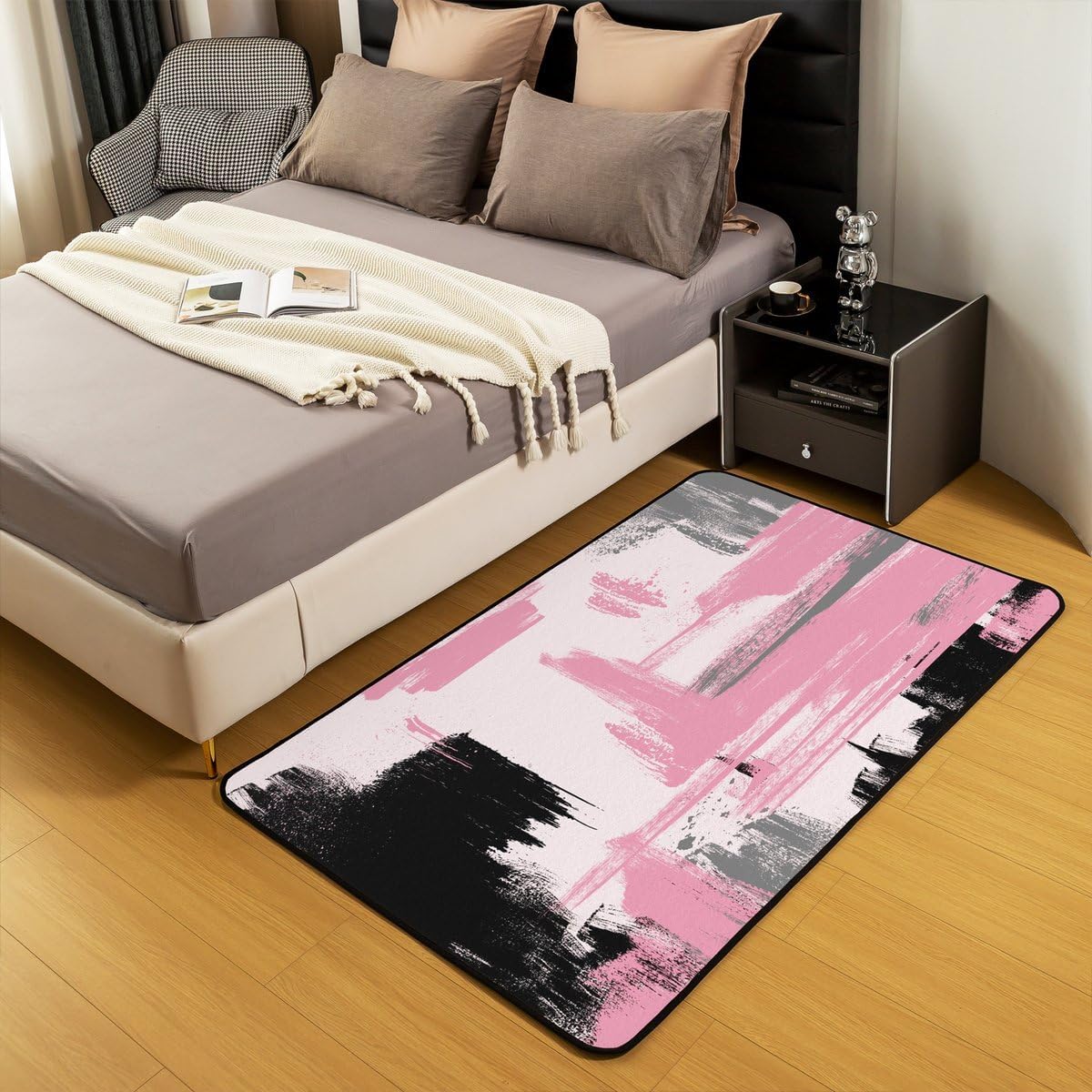 Erosebridal Pink and Black Abstract Area Rug 4'11" x 3'3" |Black and Pink Carpet for Kids Girls Women Geometric Modern Art Indoor Floor Mat for Boys Teens Adults Girly Fashion Decorative Washable Rug