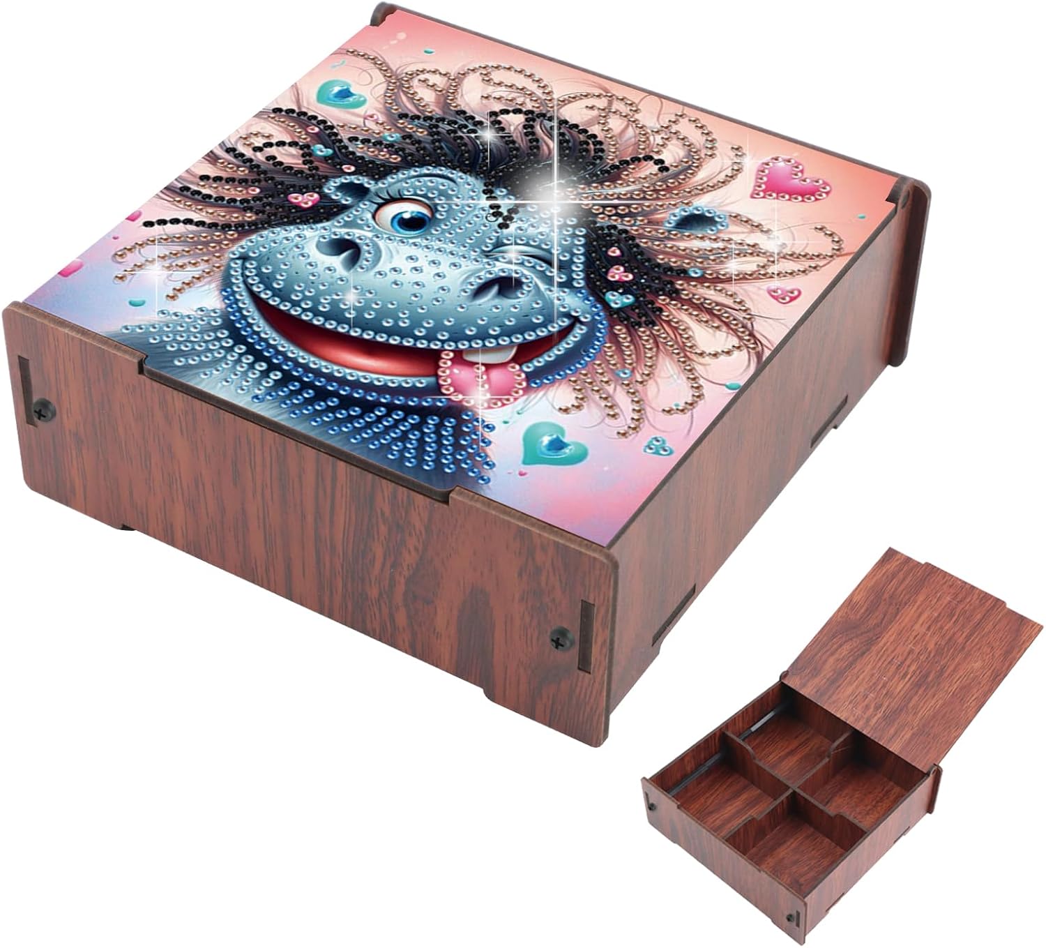 DIY Diamond Painting Storage Box, Hippo Design Wooden Diamond Art Organizer with Flip-Top Lid and 4 Divided Compartments, Desktop Craft and Jewelry Storage Basket for Jewelry, Art and Craft Storage