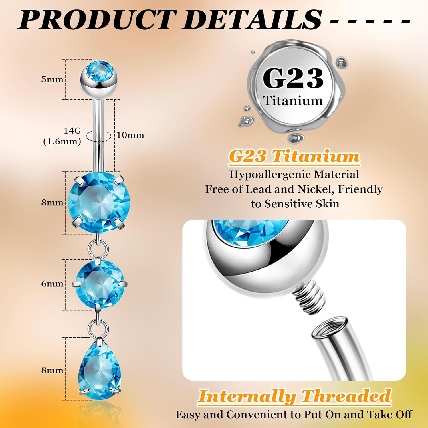 14G G23 Titanium Dangle Belly Button Ring for Women Dangling Navel Rings Hypoallergenic Teardrop Shiny CZ Belly Ring Internally Threaded Navel Piercing Jewelry - Image 3