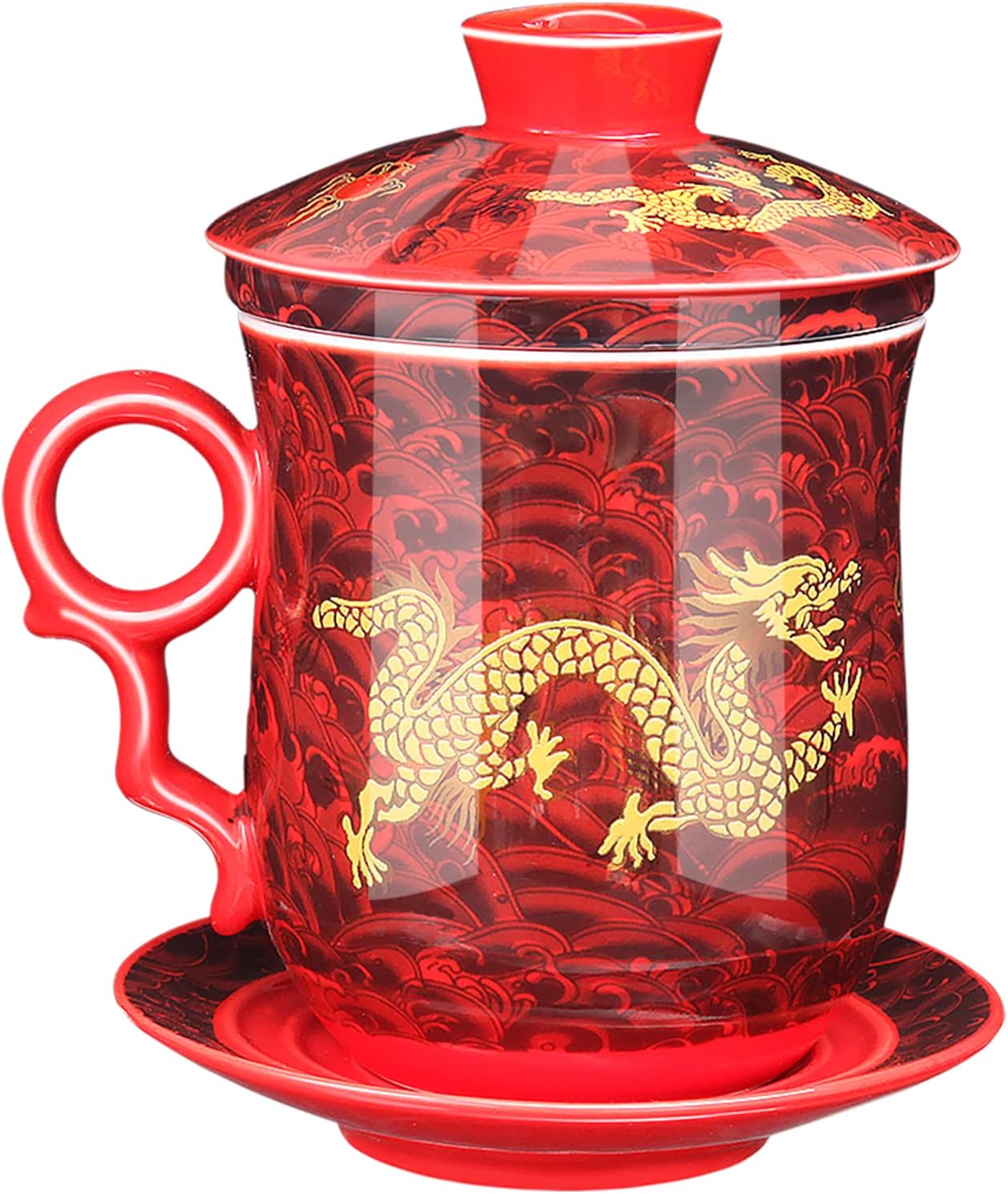 QUSHE Jin De Zhen Tea Cup Chinese Dragon Tea Mug 13.5oz / 400ml - Red