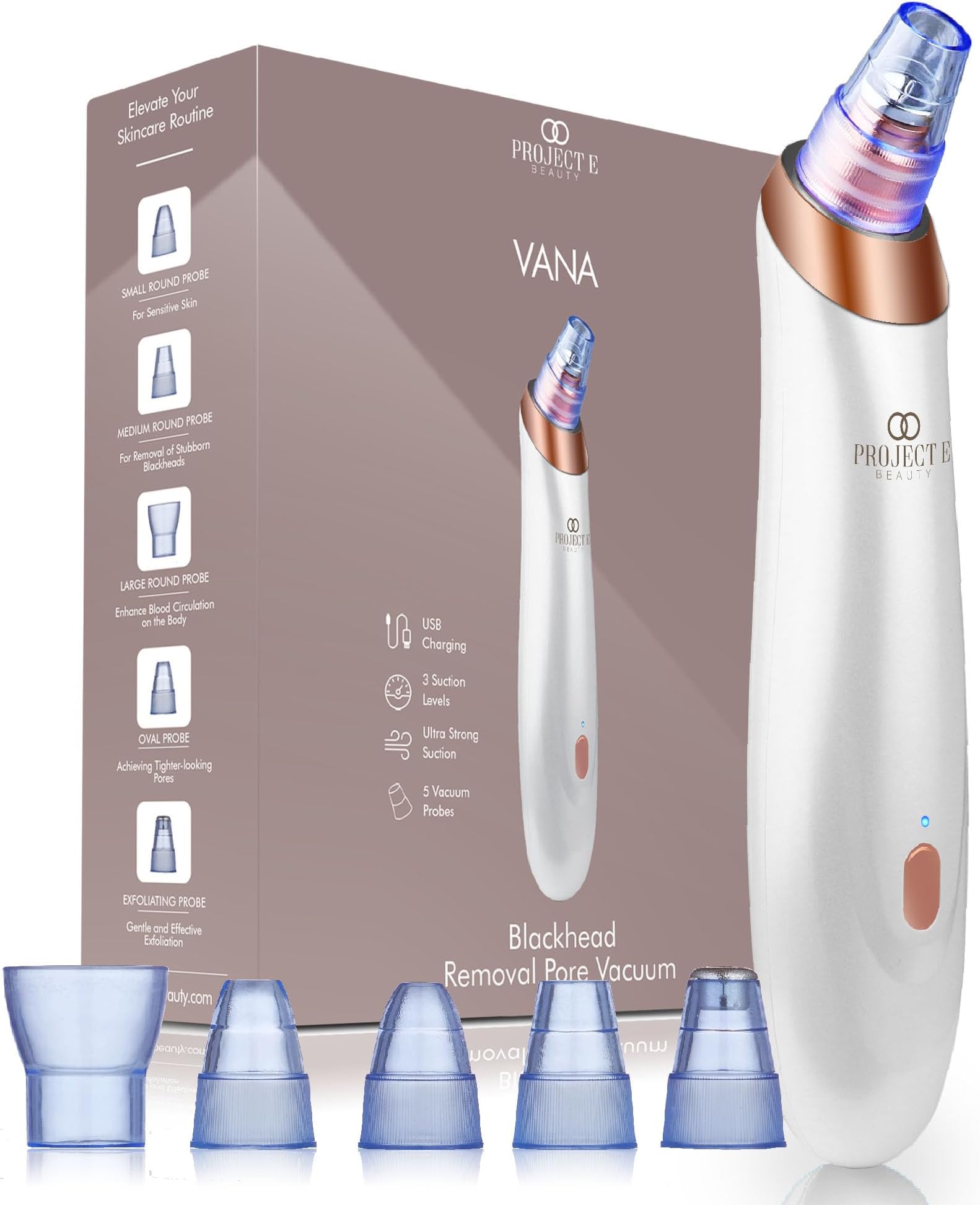 Project E Beauty Vacuum Blackhead Remover Extractor Facial Acne Whitehead Pimple Pore Nose Face Cleanser Tool Device USB Rechargeable 3 Adjustable Suction Power & 5 Replacement Probes for Men & Women