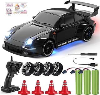 RC Drift Car,1:24 Remote Control Car with LED Lights, 3 Batteries Black | 2 Speed Modes 4WD RC Cars, Extra Drifting Tires & DIY Stickers, High Speed Racing Sport Toy Cars Vehicle for Adults Boys Girl