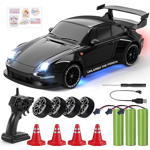 RC Drift Car, 1:24 Remote Control Car with LED Lights, 3 Batteries Black | Extra Drifting Tires & DIY Stickers, 2 Speed Modes 4WD RC Cars, High Speed Racing Sport Toy Cars Vehicle for Adults Boys Girl