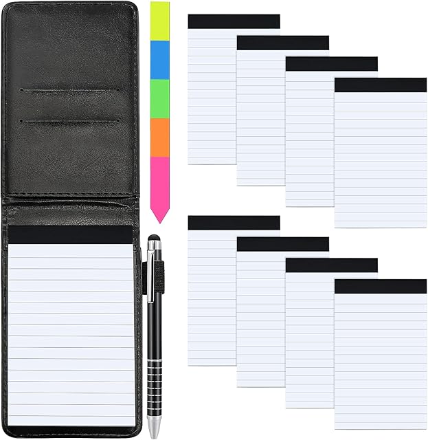 Meetory 11 Pcs Small Pocket Notebook Mini Notepad Set, Included A7 Pu Leather Notebook Pen Holder with 50 Lined Sheets, 8 Notepad Memo Book Refills with 30 Lined Paper, Metal Pen And Index Tag(Black)