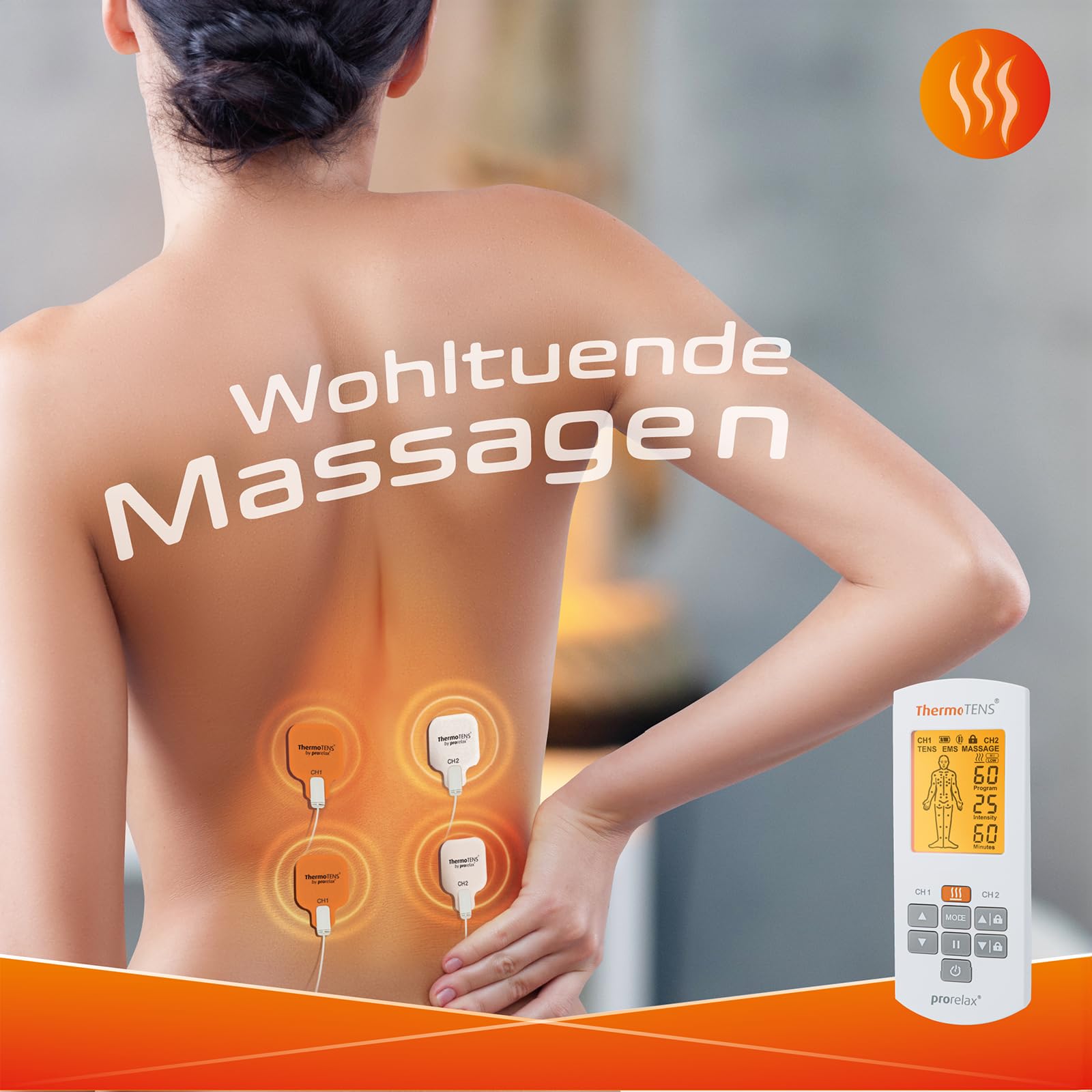 prorelax TENS/EMS QUATTRO | Akkubetriebenes Elektrostimulationsgerät | 4 Therapien - TENS, EMS, MASSAGE, WÄRME | Zur Schmerzlinderung, Entspannung, Muskelaufbau | 60 Programme | 25 Intensitätsstufen