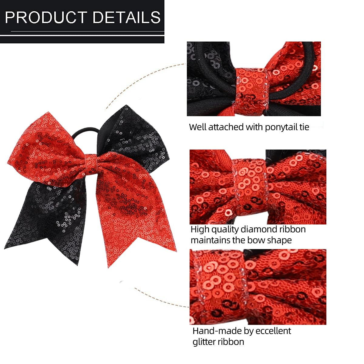 16 PCS Large Glitter Red Black Cheer Hair Bows, Shiny Cheerleading Bows Ponytail Holder for Cheerleader Girls Softball Sports and Christmas Tree Decor (Red Black)
