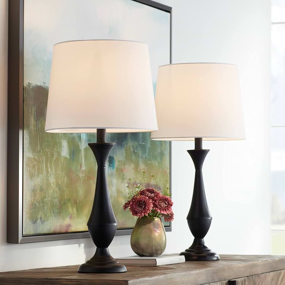 Joyce Modern Table Lamps 24" Tall Set of 2 Black Metal White Linen Tapered Drum Shade Decor for Bedroom Living Room House Home Bed