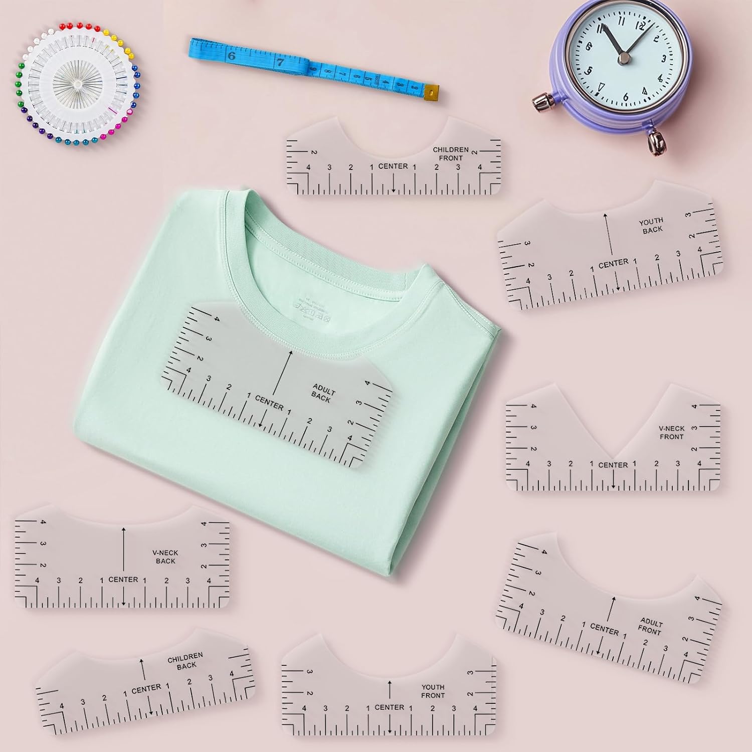 Tshirt Ruler Guide Vinyl Alignment, Transparent V-Neck/Round PVC Ruler for Alignment, Designs Pocket Logo, Fit for Heat Press, Alignment, Children Youth Adult, Front and Back Measurement