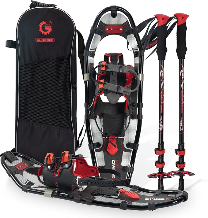 G2 21/25/30 Inches Light Weight Snowshoes for Women Men Youth, Set with Trekking Poles, Carrying Bag, Snow Baskets, Special EVA Padded One-Pull Binding, Heel Lift, Toe Box, Orange/Blue/Red Available