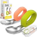 Toddler Utensils Set, Self-Feeding Baby Fork and Spoon with Easy-Grip Silicone Handle, 18/8 Stainless Steel Kids Silverware, Travel Case Included, Dishwasher Safe, BPA Free