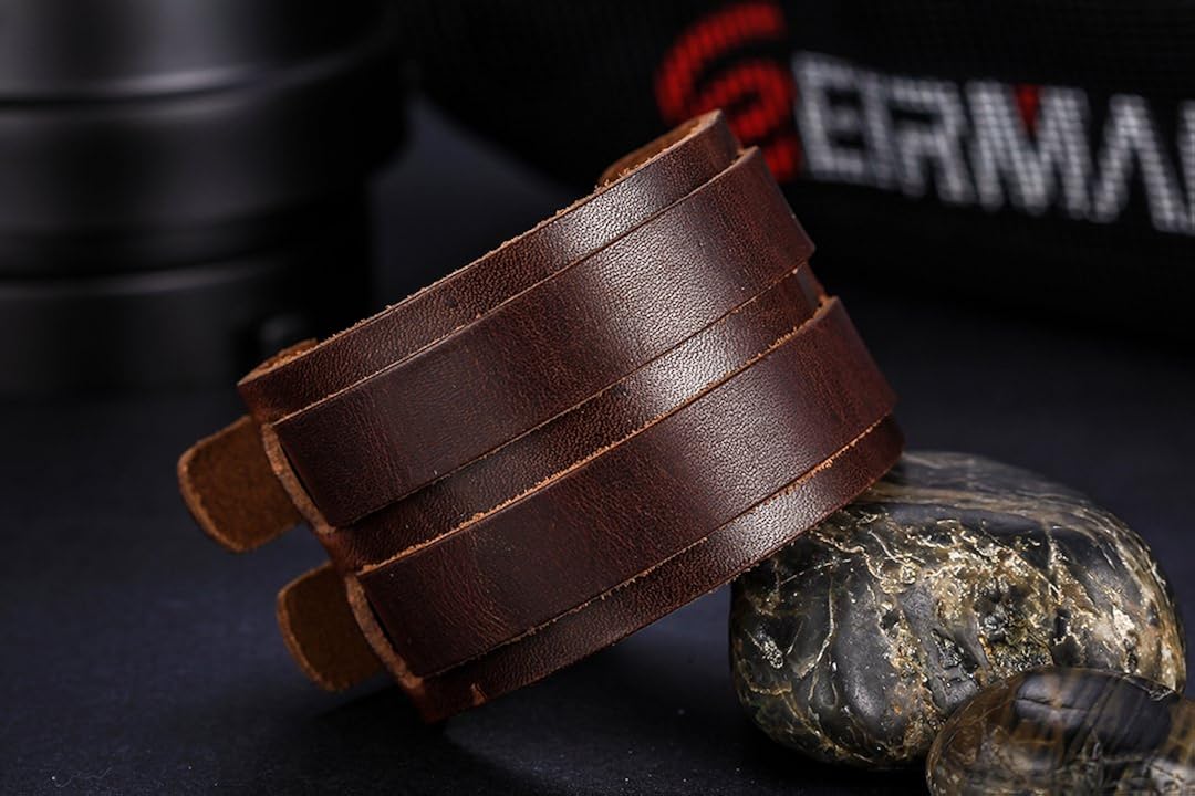 JewelryWe Men's Leather Bangle Cuff Bracelet Strap Wristband with Buckle Fastening Brown (with Gift Bag) - Image 3