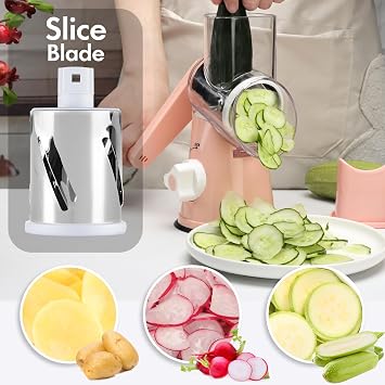 Rotary Cheese Grater with Handle, Round Mandoline Speed Kitchen Slicer, 3 in 1 Multifunctional Vegetable Shredder Manual Nut Grinder for Nuts, Potato, Carrot, Cucumber (Pink)