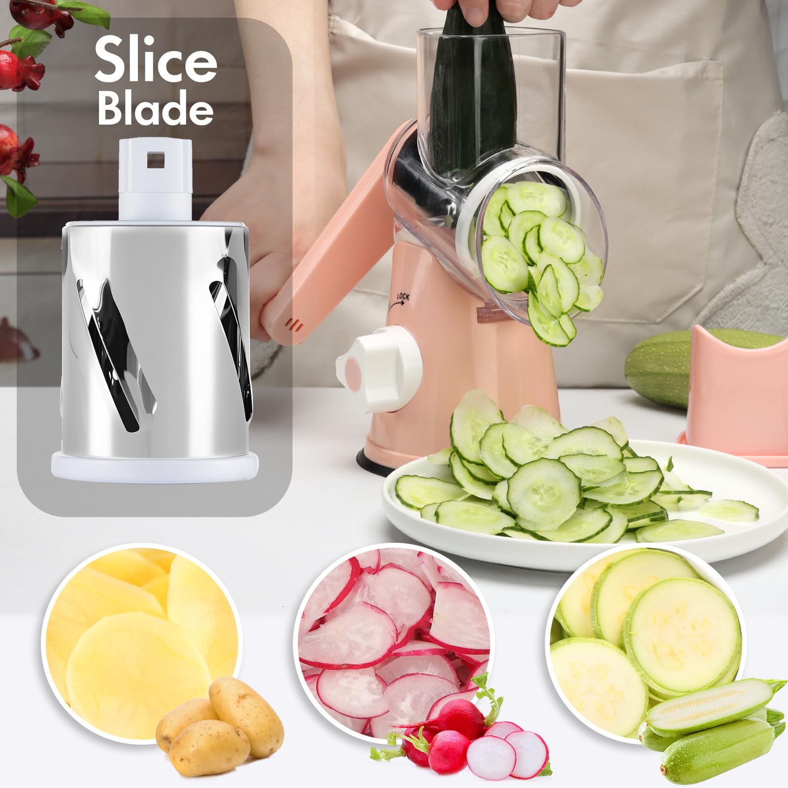 Rallador giratorio de queso con mango, cortador de cocina redondo de mandolina de velocidad, triturador de verduras multifuncional 3 en 1, molinillo manual de nueces para frutos secos, patata