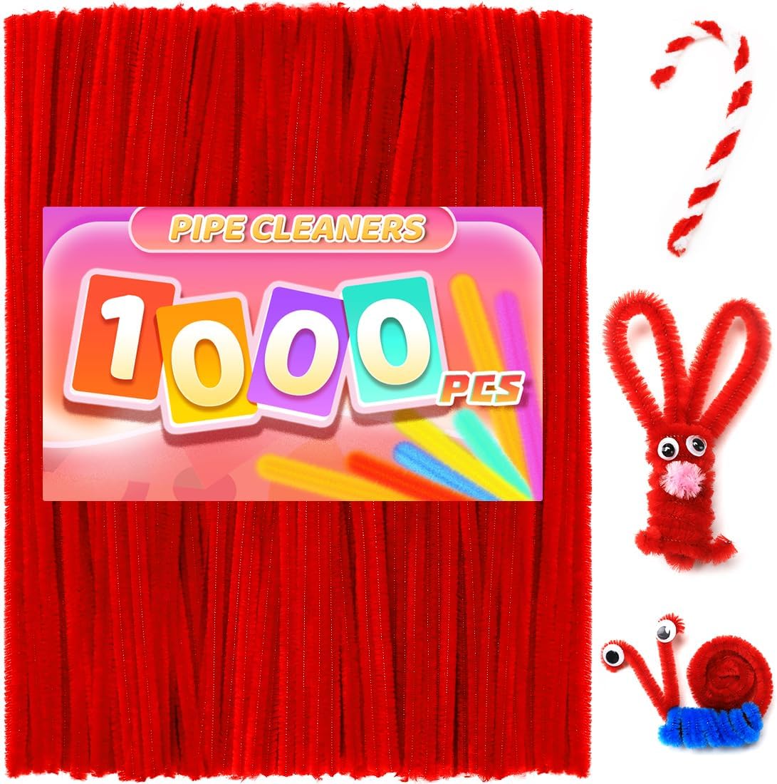 Praisebank Red Pipe Cleaners for Crafts, 1000pcs, Chenille Stems for DIY Projecets, Arts & Crafts Supplies for Festival Party Decorations
