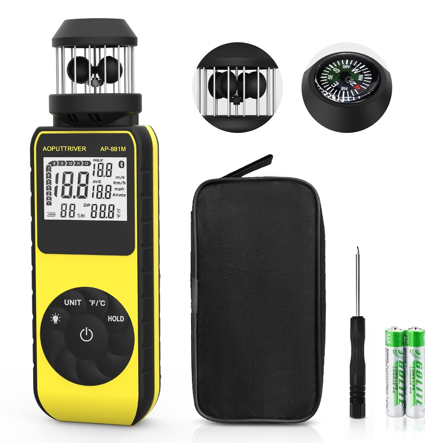 Anemometer Handheld Wind Speed Meter Wind Cup Meter with 360° Wind Direction, Wind Meter with Temp(℃/℉) Backlit for HVAC Vents, Boat Sailing, Shooting