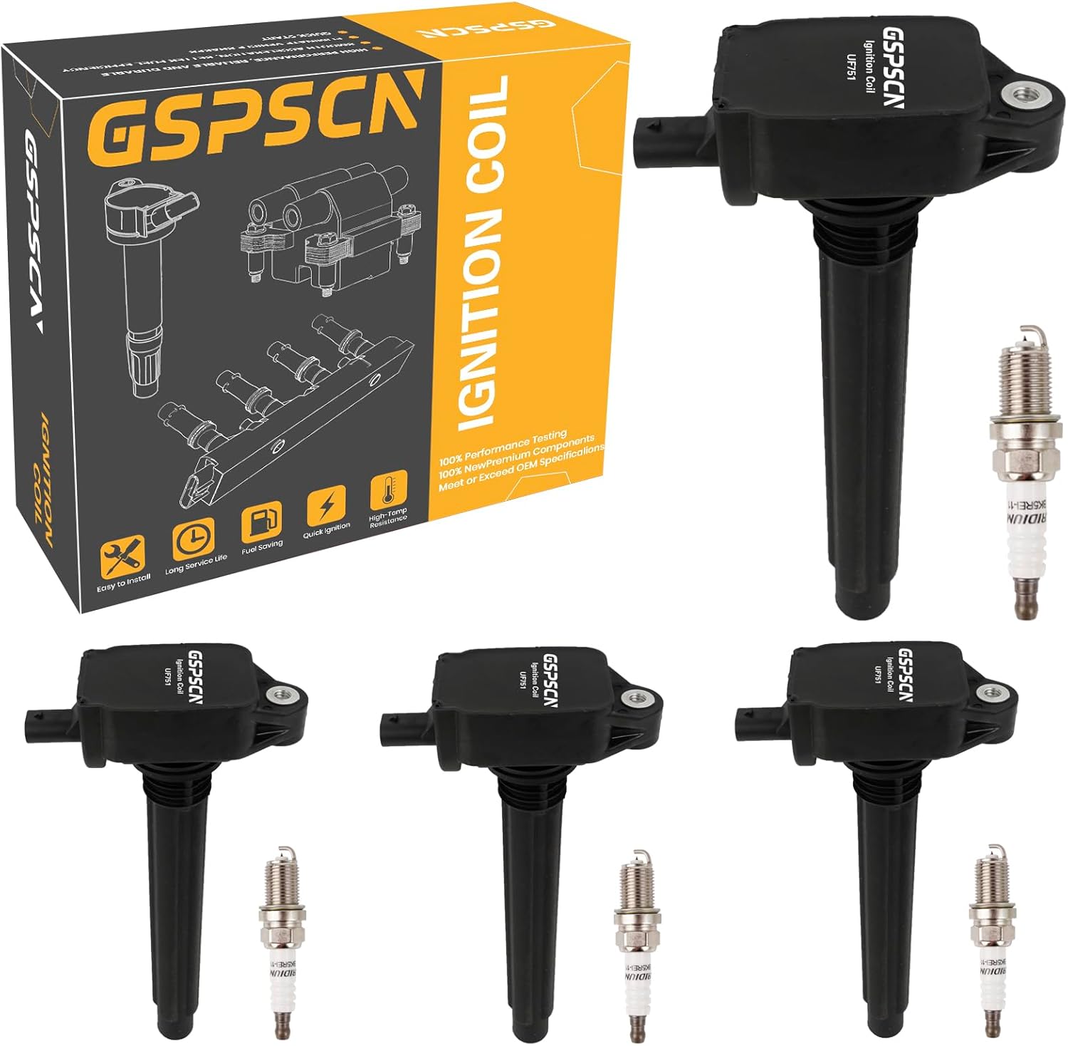 GSPSCN Set of 4 Ignition Coil Pack UF751 and Iridium Spark Plug for Chrysler 200 2015-2017丨Dodge Dart 2013-2016丨Fiat 500X 2016-2018丨 Jeep Cherokee,Compass,Renegade丨Ram ProMaster City 2015-2022 2.4L L4