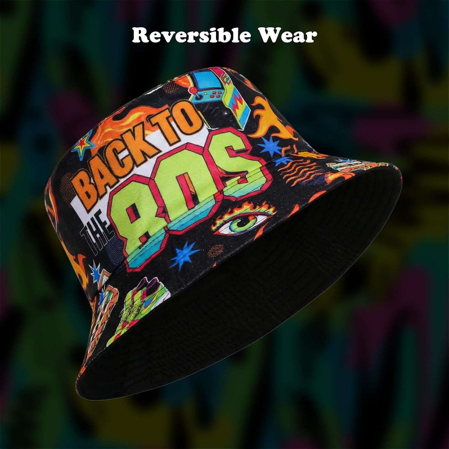 Fumwase Retro 80s Bucket-Hat Fishing-Hat for Men Women Rave Party Accessories Hat for Summer Beach Party Supplies Multi